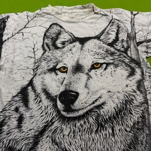 Vintage Caribbean Dream Wolf All Over Print T-Shirt XL White Nature 90s Graphic